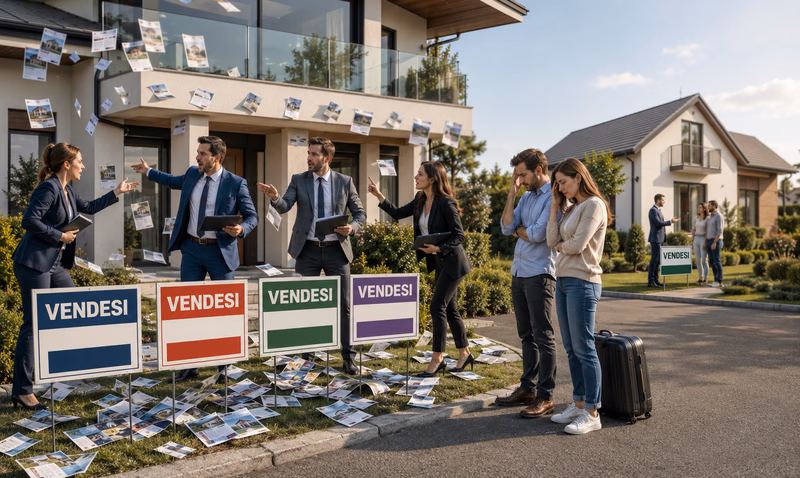 Casa in vendita pubblicizzata da più agenzie immobiliari con diversi cartelli Vendesi, mentre gli acquirenti appaiono confusi: rappresentazione del rischio di una vendita non in esclusiva