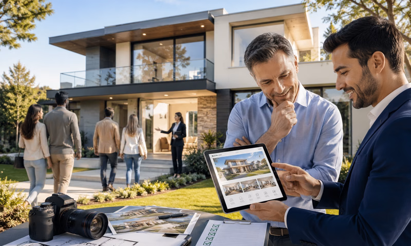 Agente immobiliare presenta al proprietario un annuncio di vendita professionale davanti a una casa moderna, mentre diversi potenziali acquirenti arrivano per visitare l'immobile