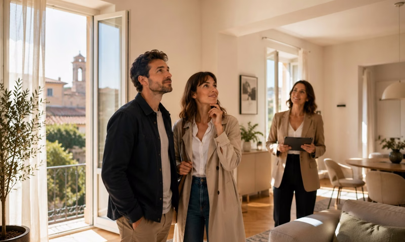 Una coppia visita un immobile accompagnata da un'agente immobiliare, osservando con attenzione gli ambienti luminosi e ben curati prima di valutare una proposta d'acquisto