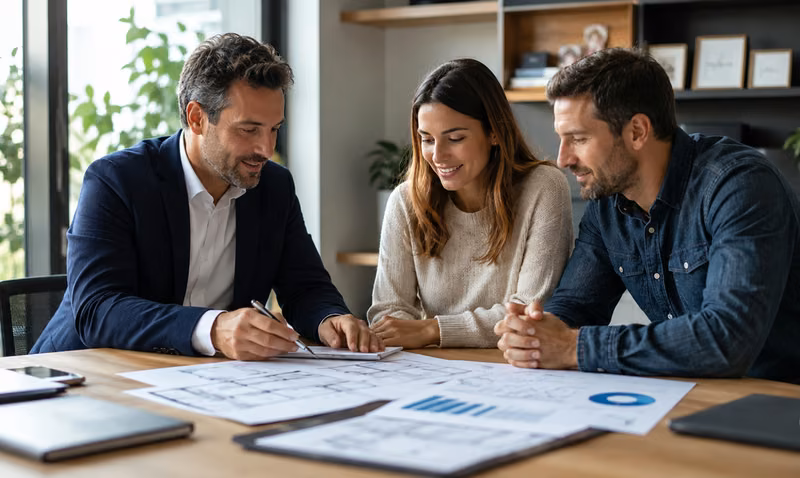 Consulente immobiliare che analizza documenti e dati di mercato insieme a una coppia di proprietari durante una consulenza sulla vendita di un immobile