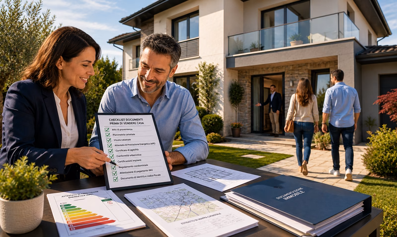 Agente immobiliare e proprietario verificano la documentazione dell'immobile con una checklist completa prima di mettere in vendita la casa, mentre potenziali acquirenti si preparano alla visita