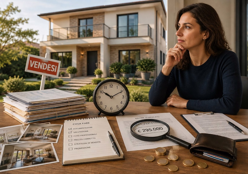 Donna che pianifica la vendita della propria casa analizzando documenti, valutazione dell'immobile e strategia per evitare errori nella vendita