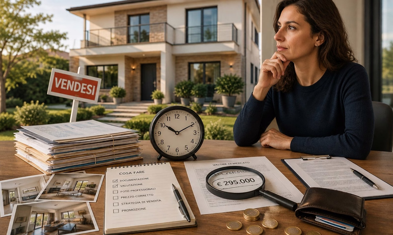 Donna che pianifica la vendita della propria casa analizzando documenti, valutazione dell'immobile e strategia per evitare errori nella vendita
