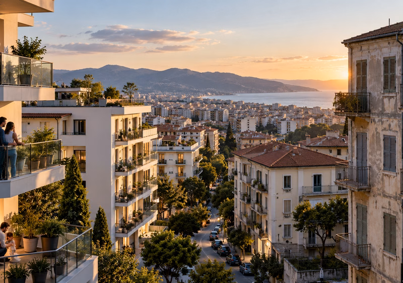 Quartiere residenziale italiano con edifici moderni e datati, simbolo di una domanda immobiliare che cambia tra territori e tipologie di case