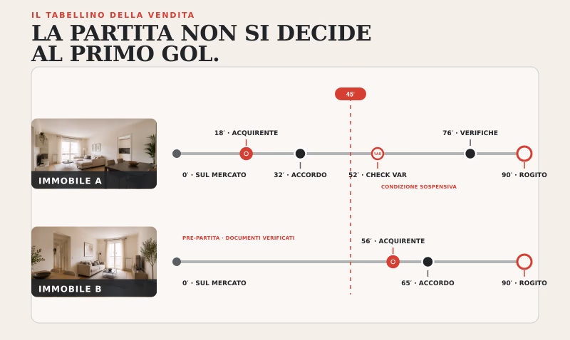Tabellino metaforico che confronta due percorsi di vendita immobiliare fino al rogito