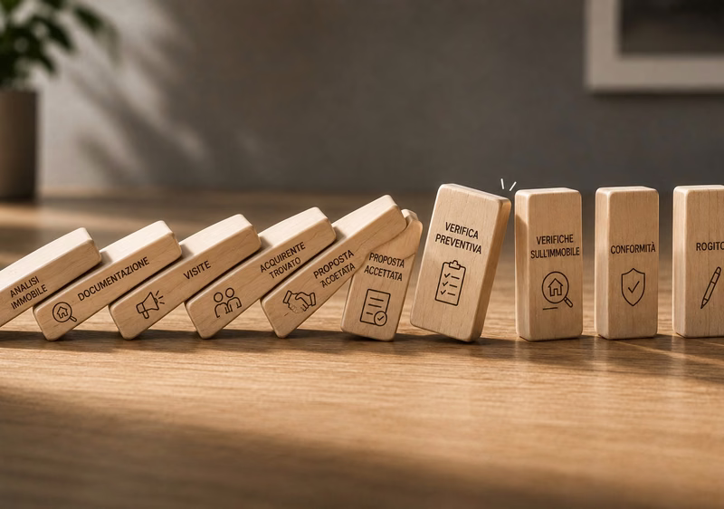 Domino che rappresenta le fasi di una compravendita immobiliare, con una verifica preventiva fuori asse che rallenta il percorso verso il rogito